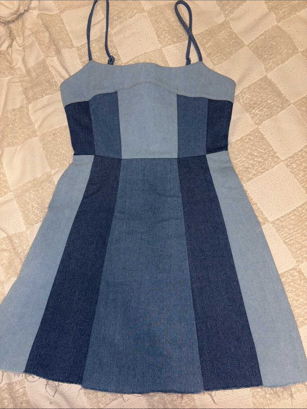 Needii Patchwork Denim A-Line Mini Dress in Light & Dark Blue